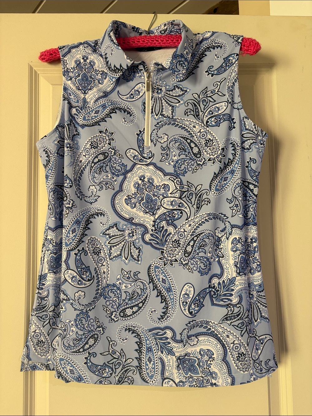 Light Blue Paisley Sleeveless Mock Neck Tank Top